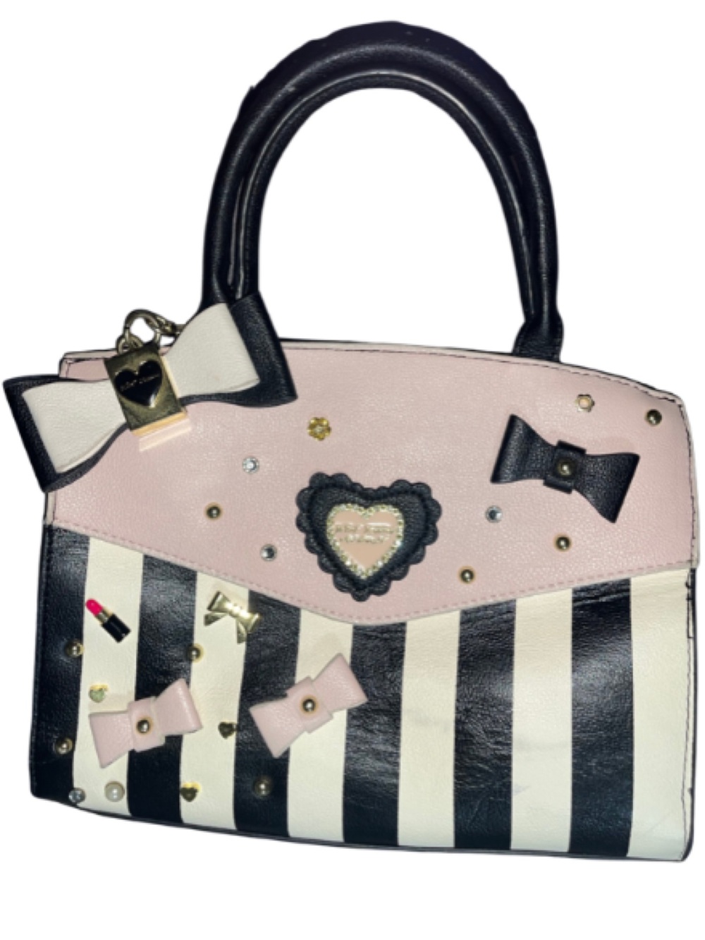 RARE Vintage Betsey
Johnson Y2K Striped Bow Satchel Bag - Pink / Black / White